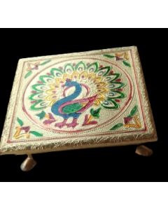 Peacock Design on Wood Ritual Seat Wrapped with Metal Foil
