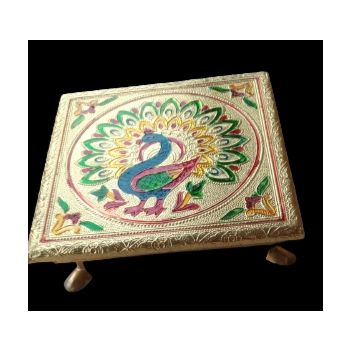 Peacock Design on Wood Ritual Seat Wrapped with Metal Foil